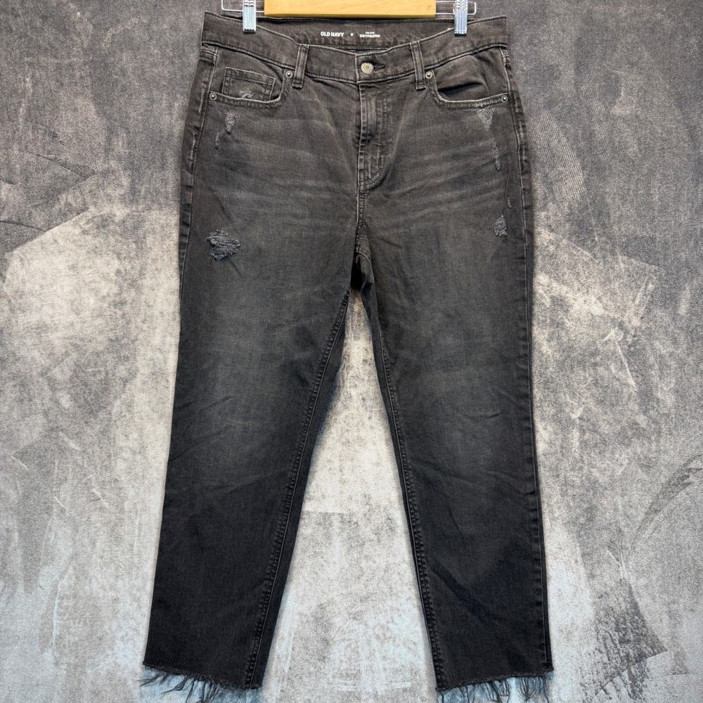 Old Navy Jeans Womens 8 Black Cotton Boyfriend Mid Rise Distressed Raw Hem Denim